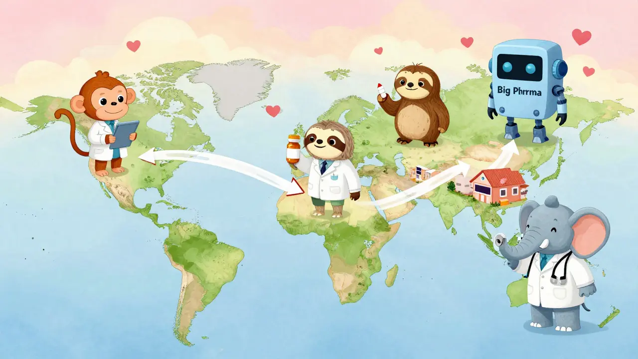 A global map shows medicine flowing from India, Brazil, and Thailand to villages, while a robot stands still in the U.S.