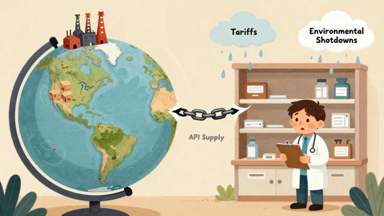 A globe shows drug supply chains breaking between Asia and the U.S., with raindrops of tariffs and shutdowns falling.