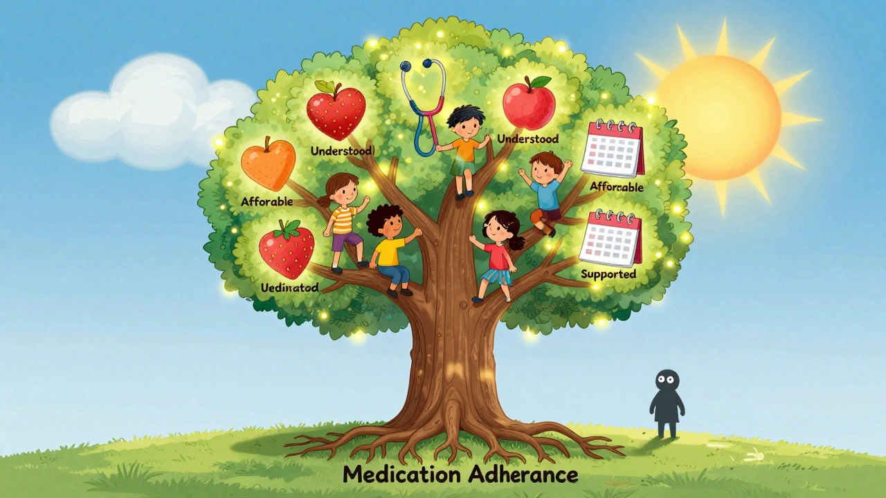 A glowing tree of adherence with supportive fruits, people climbing together, while blame fades below under a sunrise.