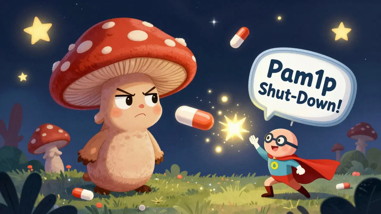 A grumpy fungus trying to spit out a pill while a tiny superhero blocks its escape with a glowing shield.