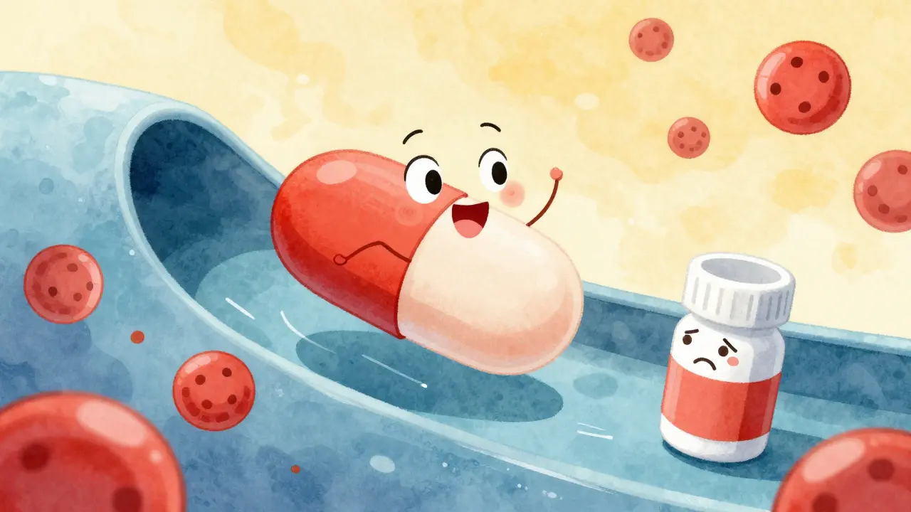 A happy fluconazole pill floating in a watery stomach as a worried warfarin pill watches nearby.