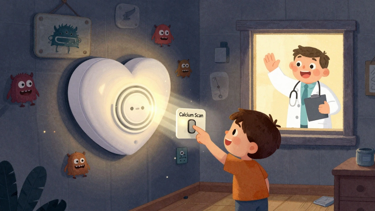 A heart-shaped smoke detector glows in a dark house, revealing hidden plaque monsters as light exposes them.