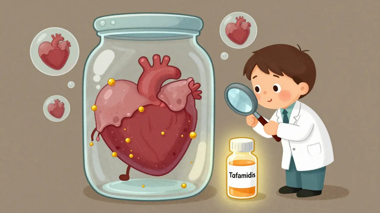 A heart stuck in a jar, covered in sticky proteins, with a glowing treatment bottle nearby.