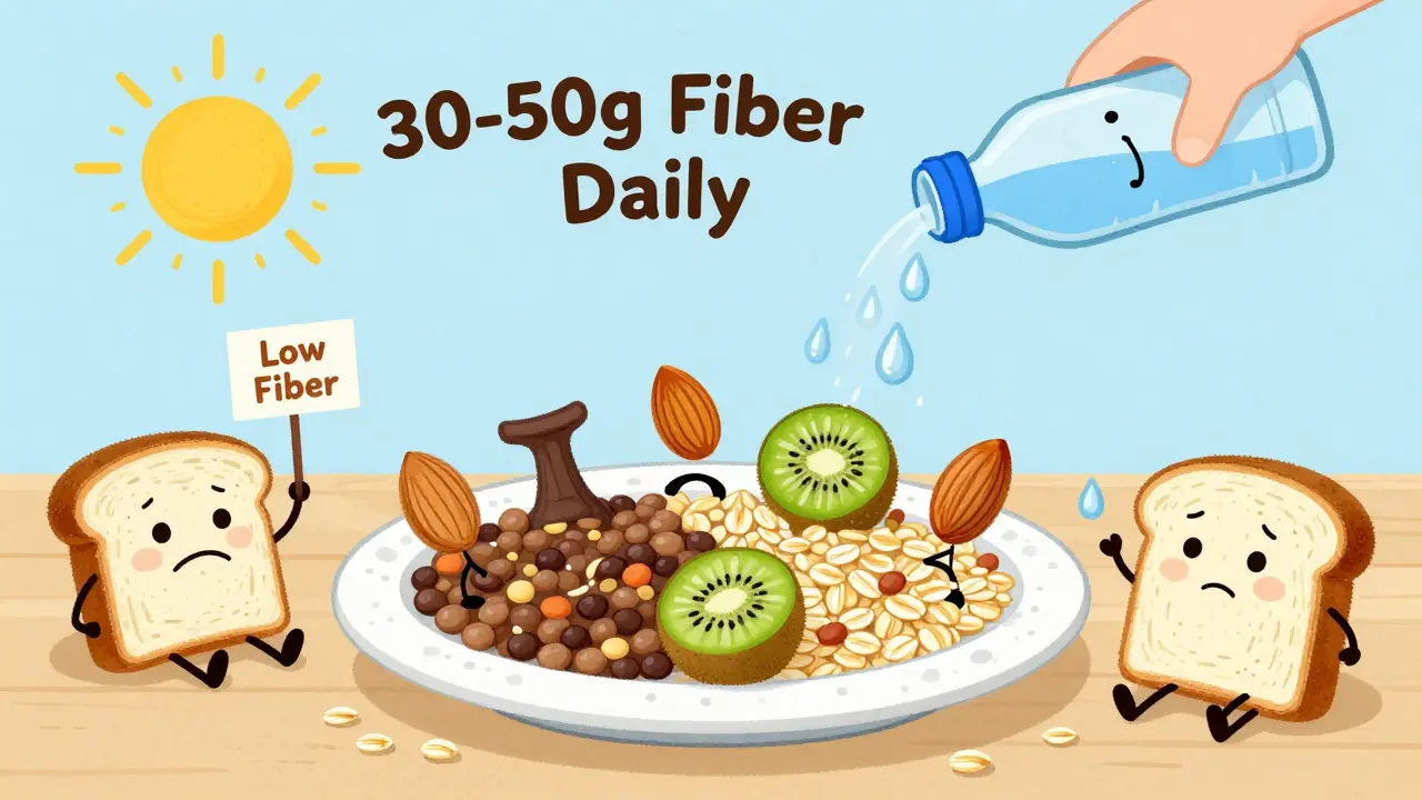 A joyful plate of fiber-rich foods dancing together, while sad white bread sits alone under a sun shining '30-50g Daily'.