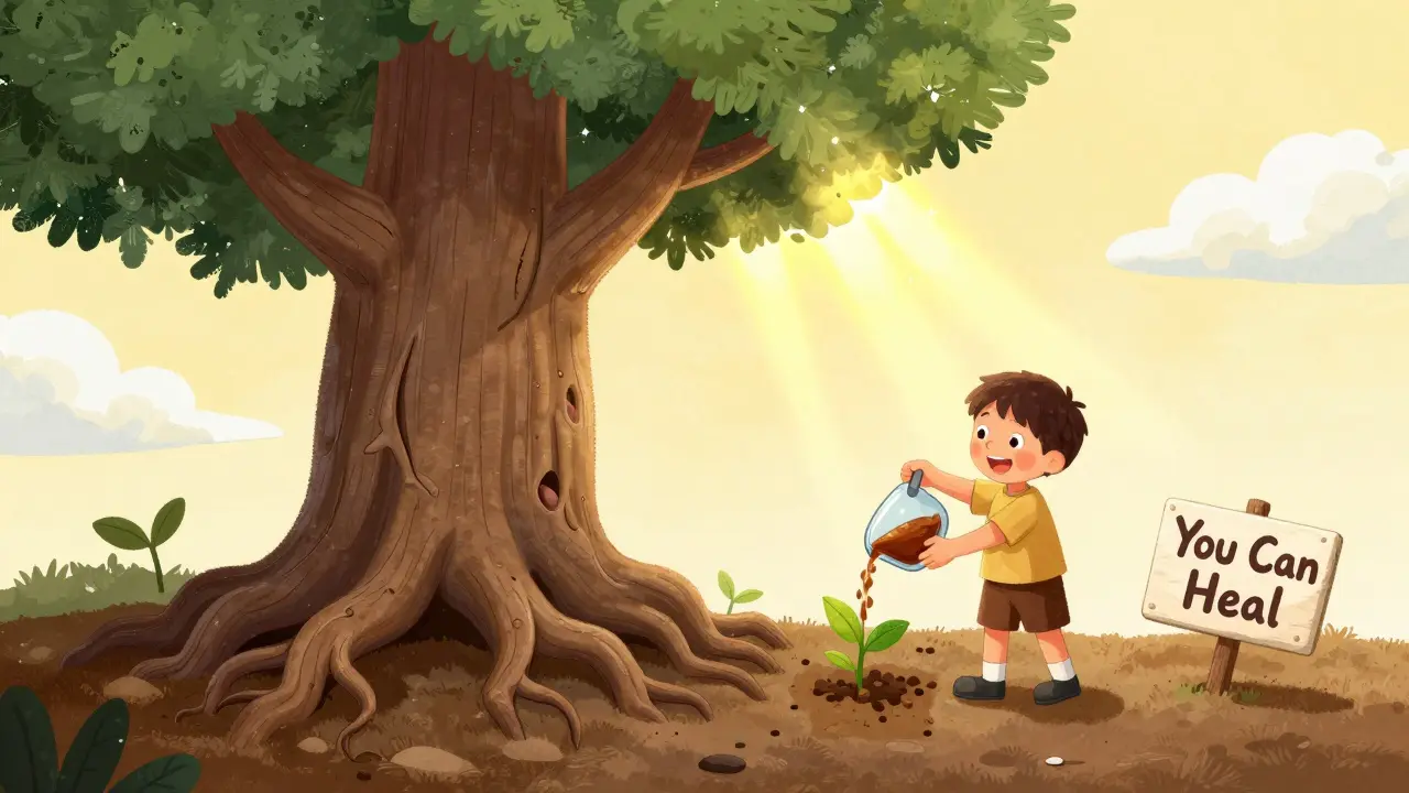 A liver tree with scarred roots and new green leaves growing after alcohol stops.