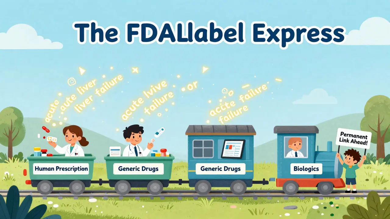 A magical train called FDALabel Express travels through a medical landscape with passengers exploring drug categories.