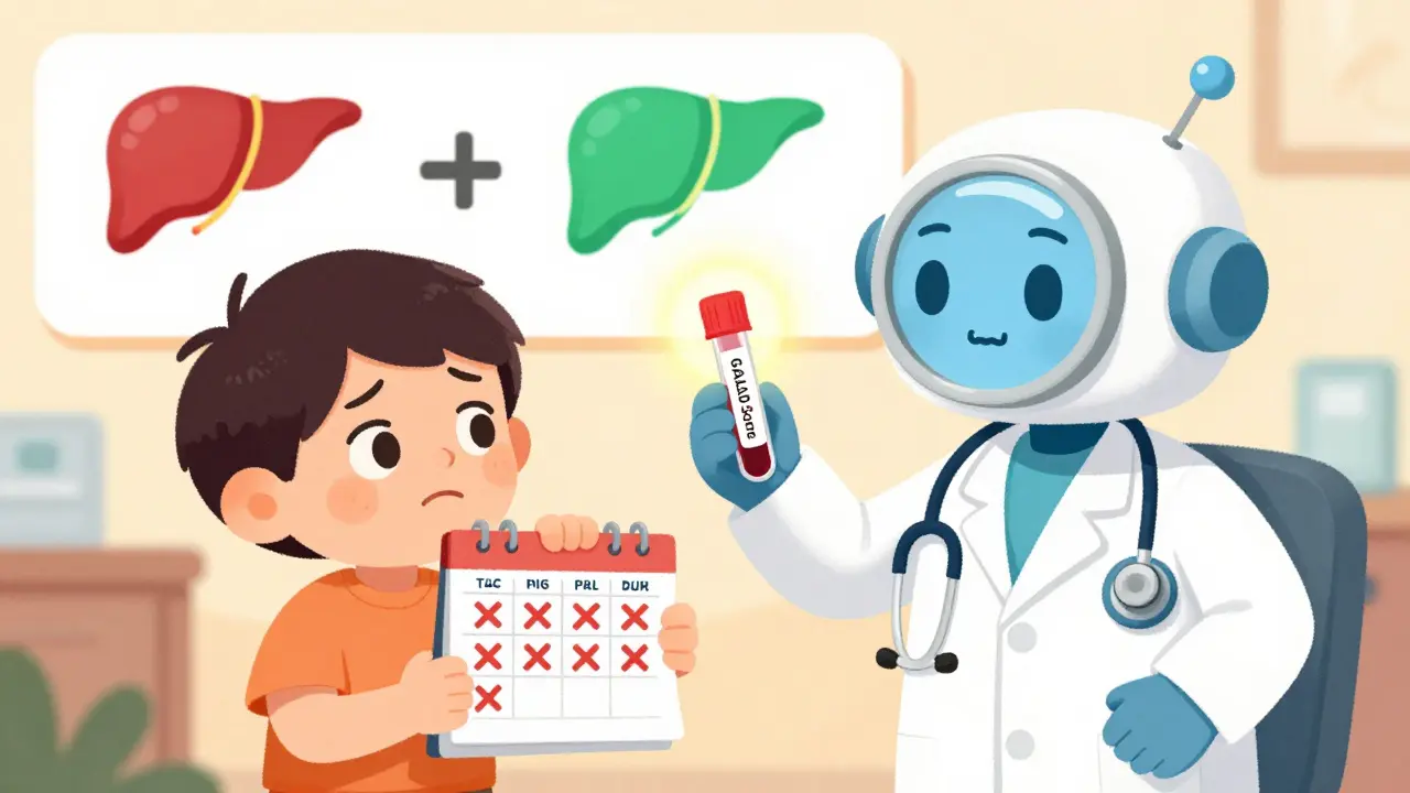 A patient missing scans while a robot doctor offers new blood tests and FibroScan to guide future screening.