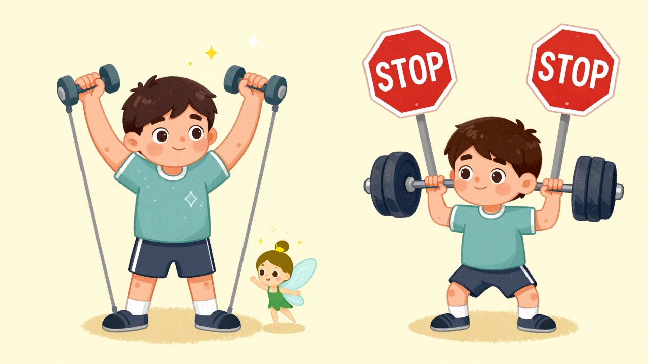 A person doing light resistance training with a CoQ10 fairy, while intense lifting has a warning sign.