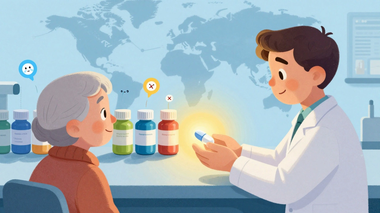 A pharmacist giving a safe brand pill while warning faces float above generic bottles.