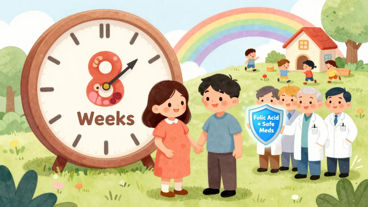 A pregnant woman receives a shield of folic acid and safe meds, with a clock showing 8 weeks and a rainbow leading to a joyful playground.