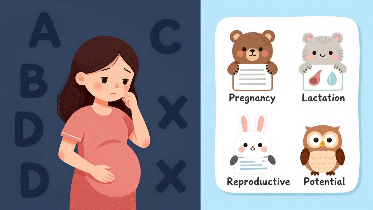 A pregnant woman transitioning from confusing letter labels to clear, illustrated safety sections with friendly animal helpers.