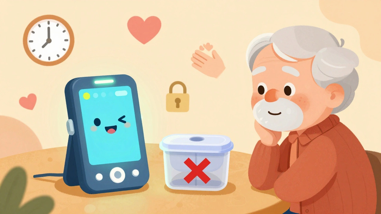 A smart pill organizer glows beside a simple one with a red X, as an elderly person considers the safer option.