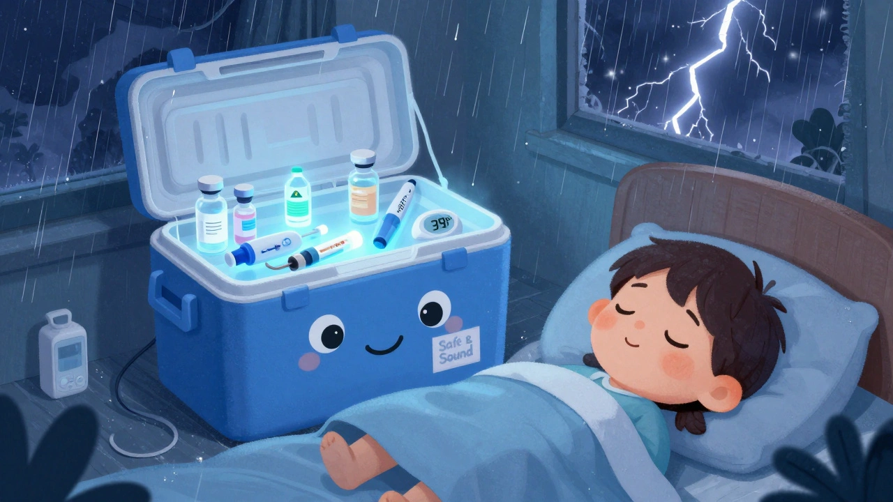 A smiling medical cooler keeps insulin safe during a storm, with a thermometer showing a safe temperature.