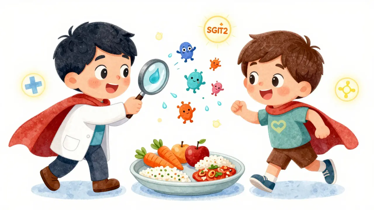 A superhero doctor uses a magnifying glass to show medicine heroes stopping protein leaks in urine.