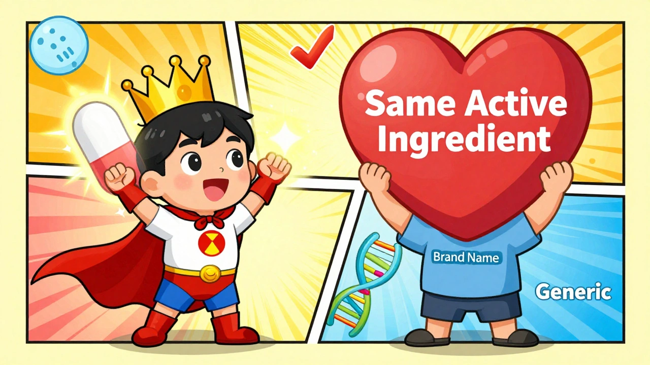 A superhero pill and a humble generic pill both lifting a heart, showing equal strength.