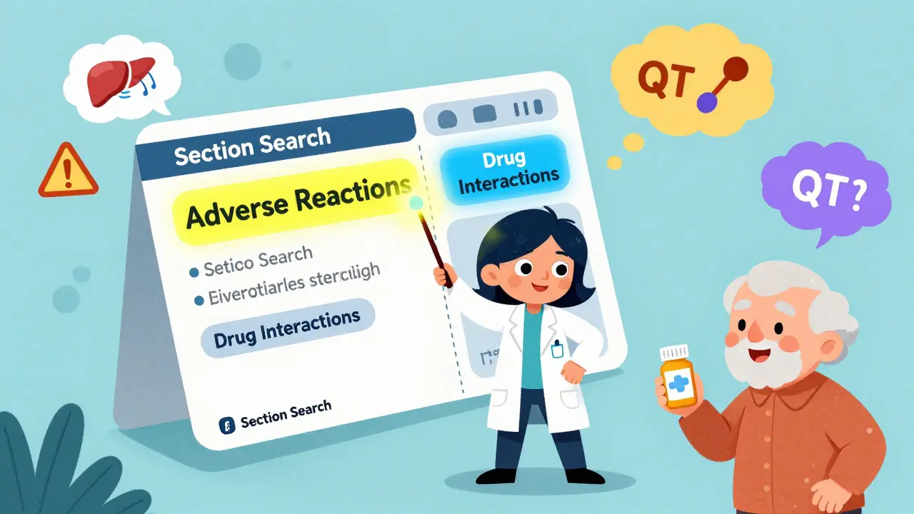 A superheroine in a label-coat uses a wand to highlight warning sections on a floating drug label with glowing icons.