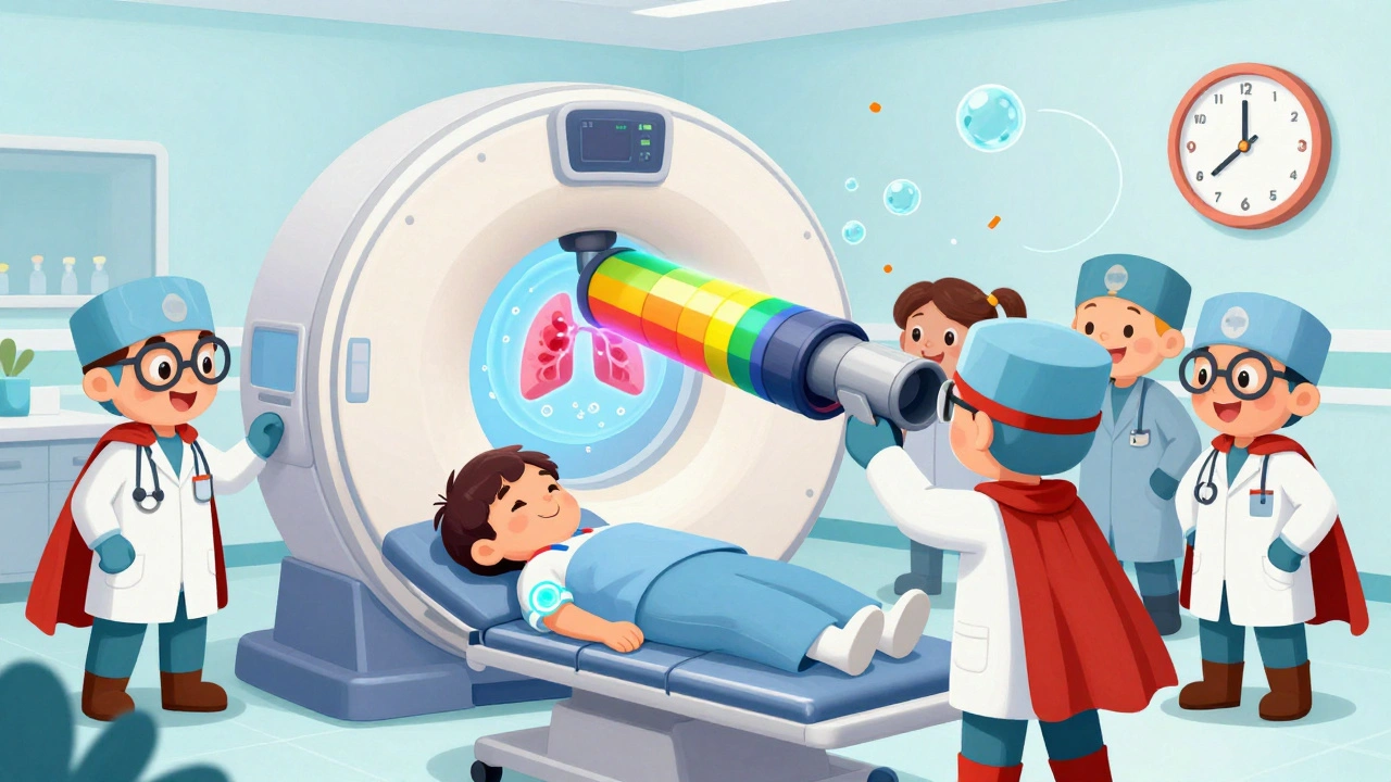 A team of superhero doctors use a rainbow CT scanner to find and clear a lung clot in a hospital scene.