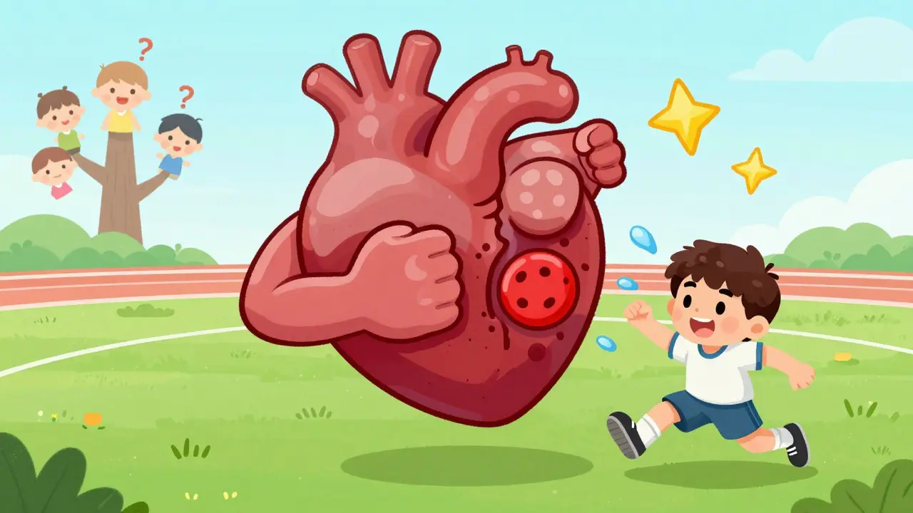 A thickened heart blocking blood flow, with a young athlete collapsing on a field.