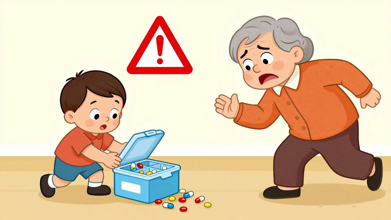A toddler opens a pill box on the floor, spilling pills, while a grandparent rushes to stop them.