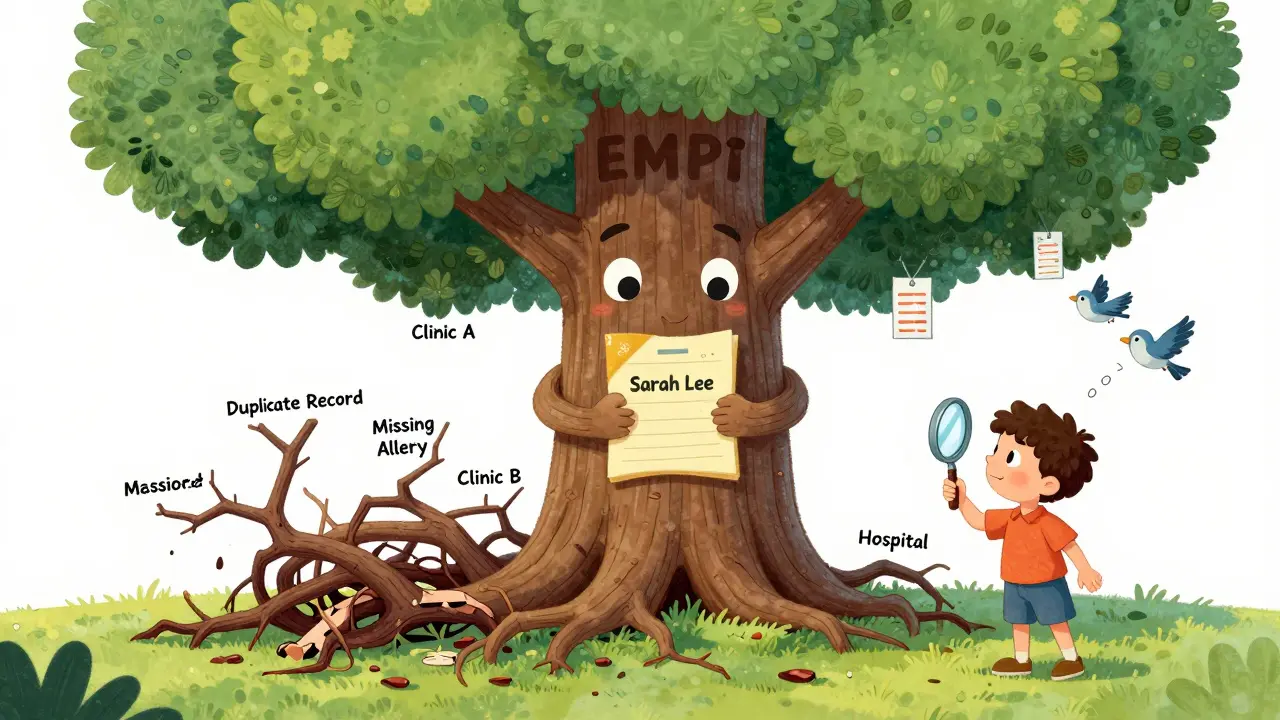 A tree with connected medical records for one patient, while broken duplicate records decay on the ground.