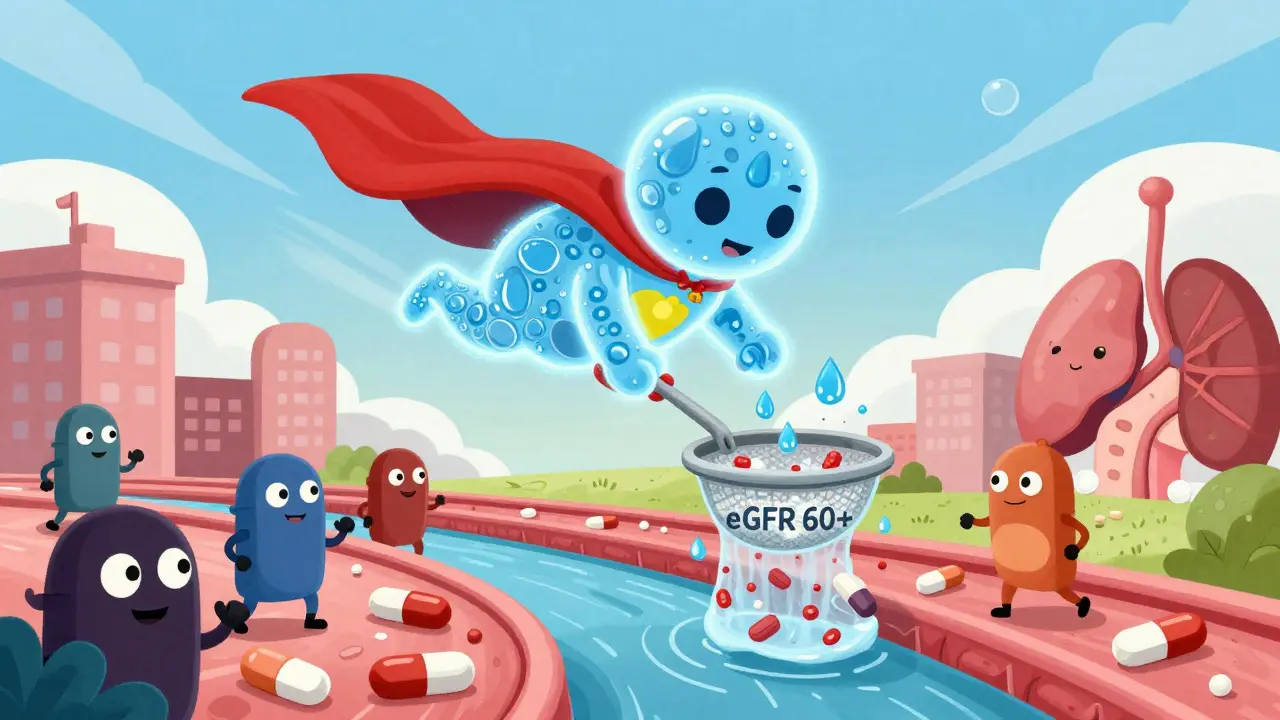 A water-droplet superhero uses a sieve to catch harmful pills in a body river.