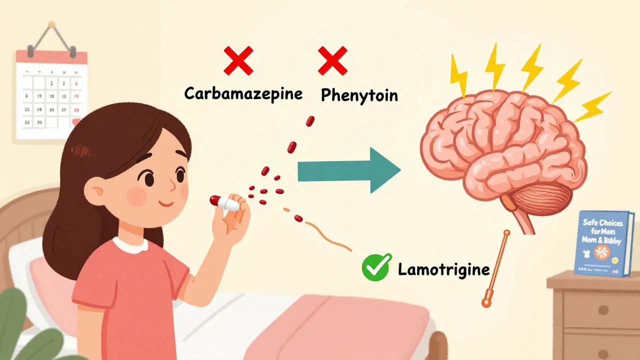 A woman's birth control and seizure meds interact dangerously, with red Xs and green checkmarks showing safe vs. risky combinations.