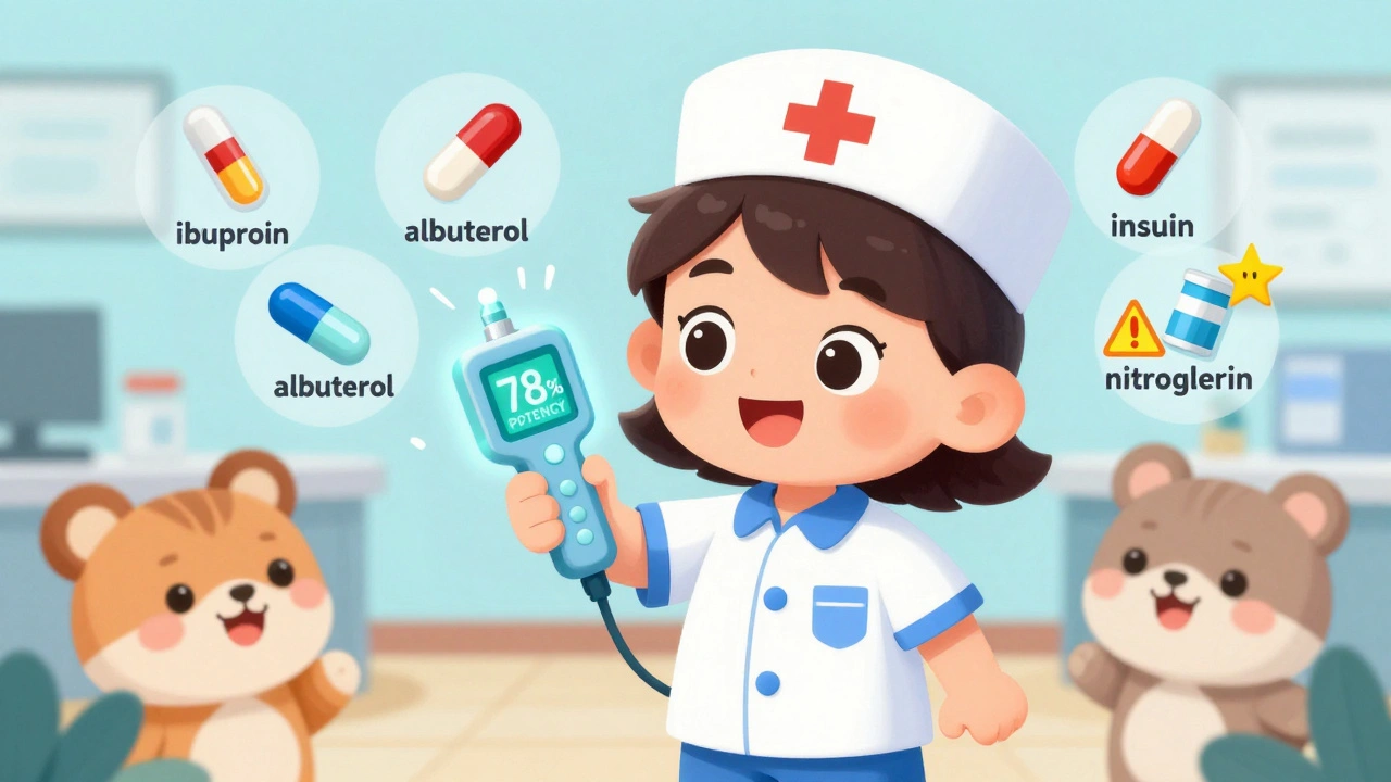 An EMT uses a glowing device to check an expired epinephrine pen, with safe and risky drugs shown as floating icons around them.