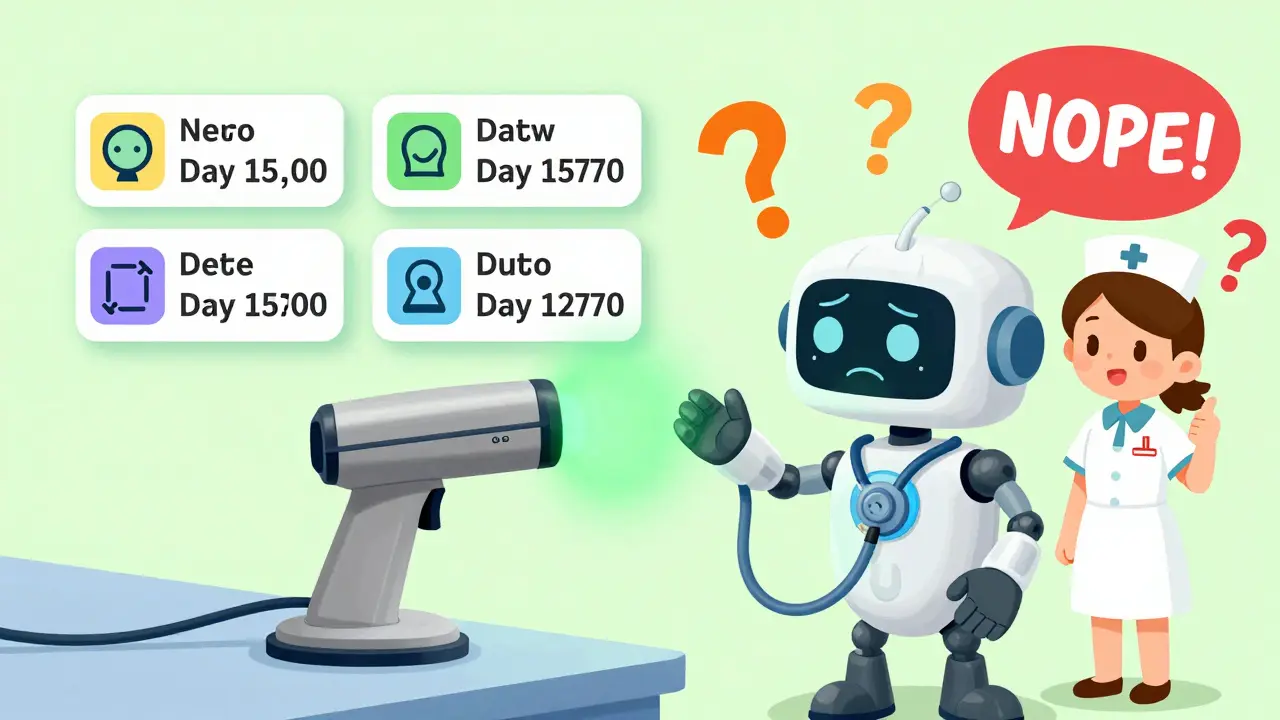 Barcode scanner verifying patient identity with name, DOB, and medical number—all matching—with a robot getting a warning.