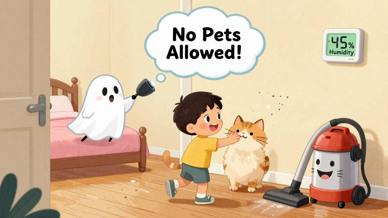 Child pets a cat outside the bedroom door, while a cartoon cat ghost is gently kept out, with a HEPA vacuum cleaning dander and humidity reading 45%.