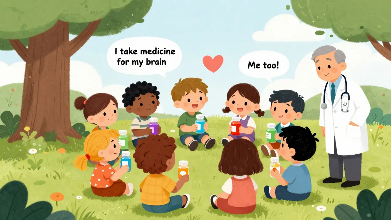 Children sit in a circle sharing pill bottles under a tree, with a kind doctor listening as a heart floats above them.