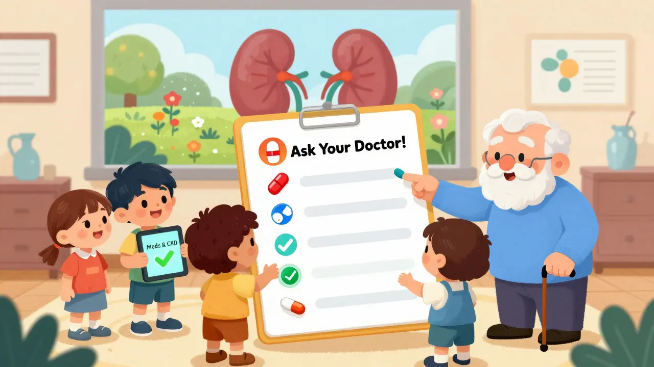 Children use an app to check safe medications while a wise kidney gives advice.