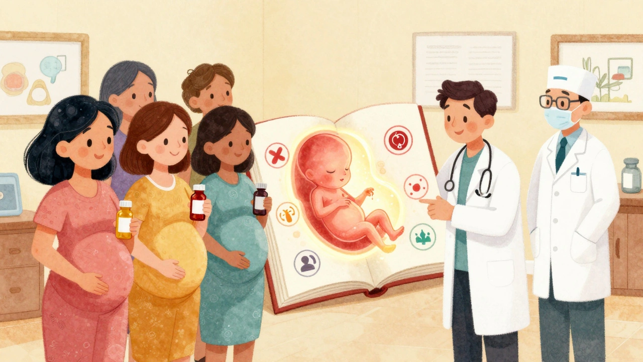 Diverse pregnant women and healthcare providers learning about medication safety from a glowing storybook in a warm clinic.