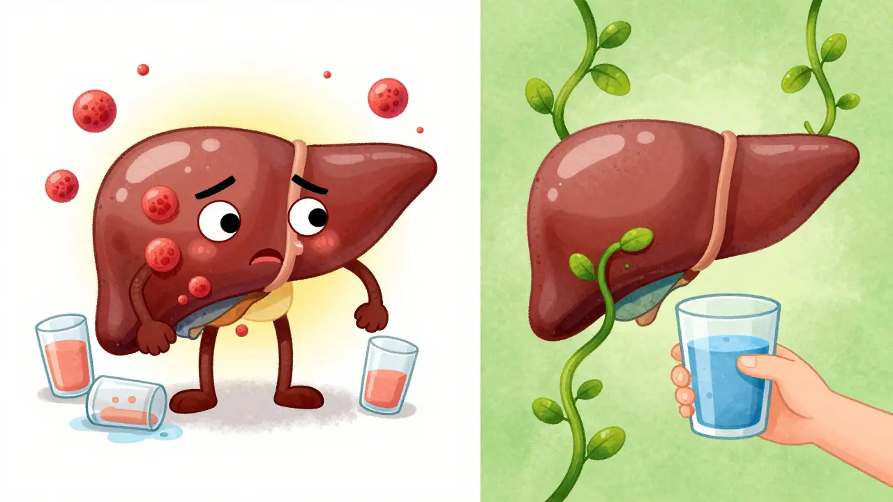 Split scene: angry swollen liver on one side, healing liver with vines on the other.