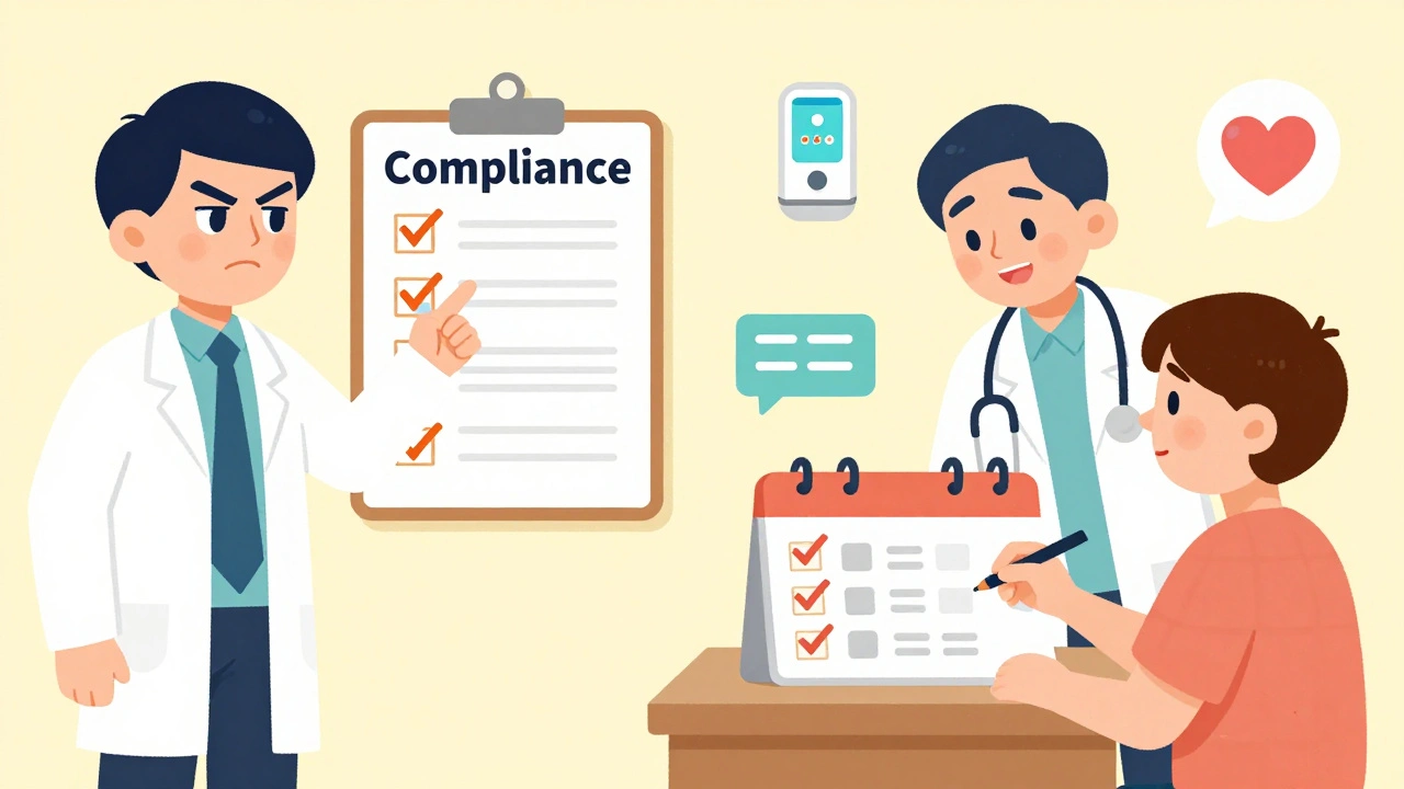 Split scene: stern compliance checklist vs. warm partnership with pill organizer and reminders, symbolizing modern patient care.