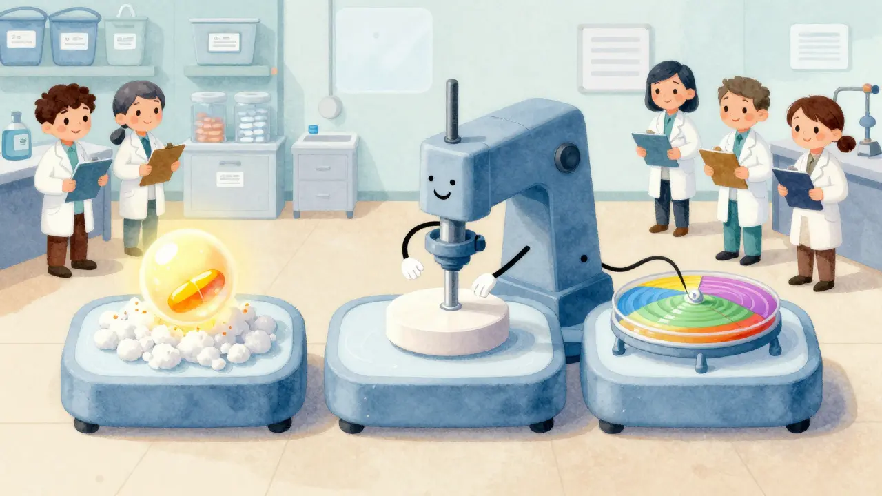 Step-by-step cartoon of a tablet being mixed, pressed, and coated in a bright, clean factory with smiling workers.