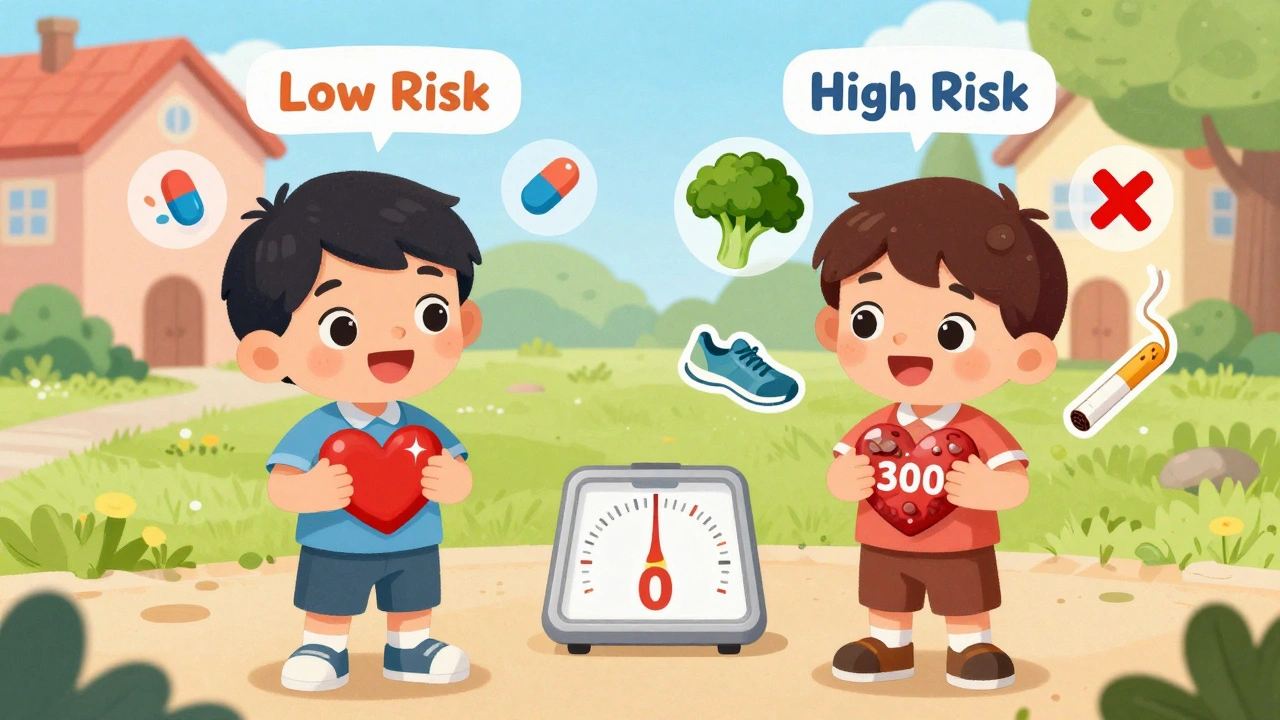 Two children with visible hearts—one clean, one covered in rocky plaque—surrounded by health and risk symbols.