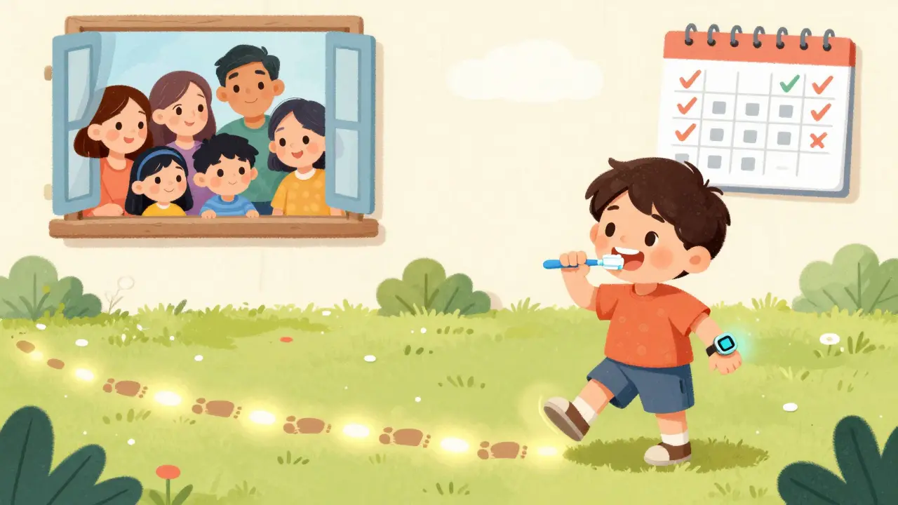 A child balancing on one foot while brushing teeth, with glowing footprints leading to independence.