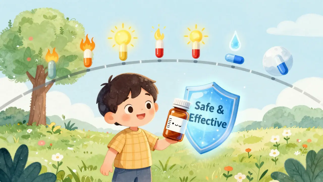 A child holds a medicine bottle as a magical timeline shows the pill aging safely through seasons.
