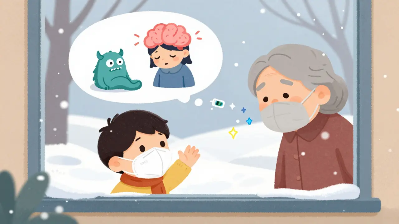 A child in a mask waves to their grandparent through a snowy window, while thought bubbles show fatigue and brain fog being chased away by vaccine sparkles.