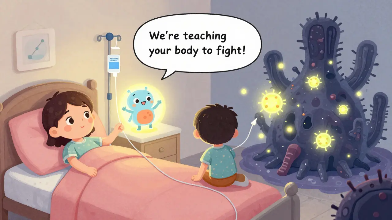 A child receives immunotherapy: one side with a simple IV drip, the other with glowing CAR-T cells fighting a tumor fortress.