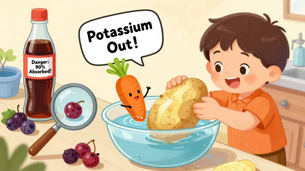 A child soaking a potato to reduce potassium, with safe fruits nearby and a soda bottle showing hidden phosphorus additives.