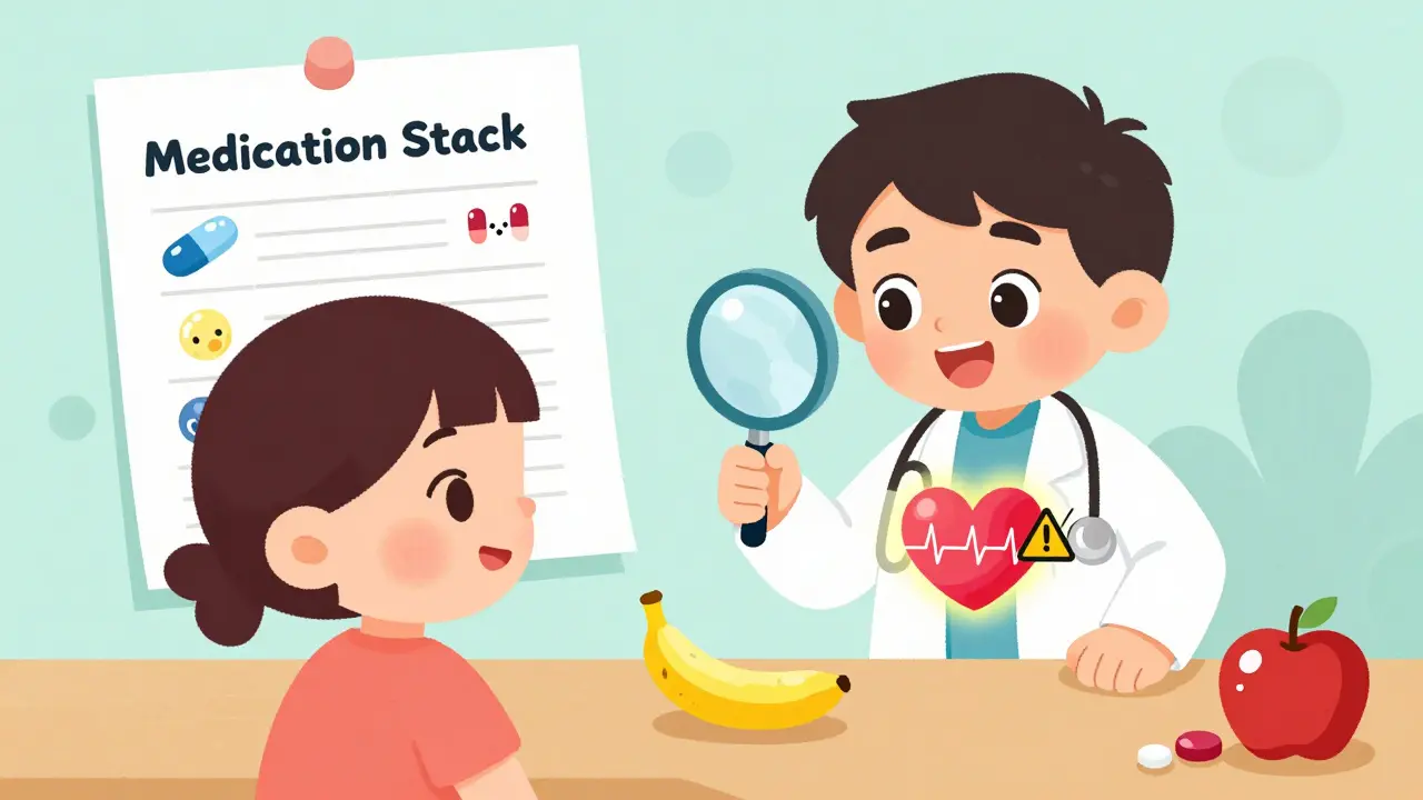 A doctor using a magnifying glass to examine a heart with warning signs, surrounded by medication characters.