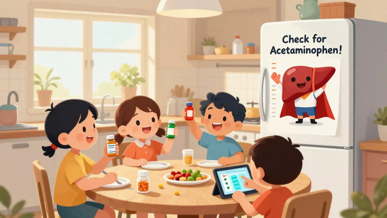 A family checks medicine labels at the kitchen table while a smiling liver superhero watches from the fridge.