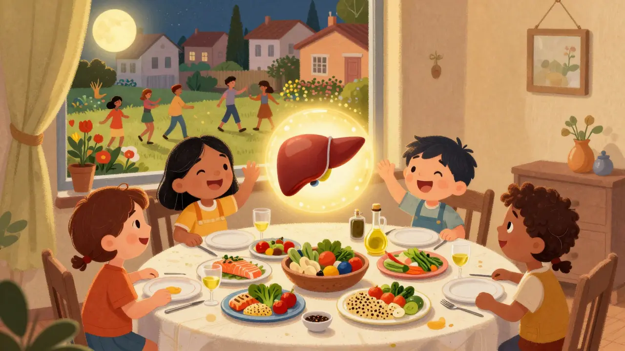 A family eats healthy food together as a glowing liver waves happily above the table.