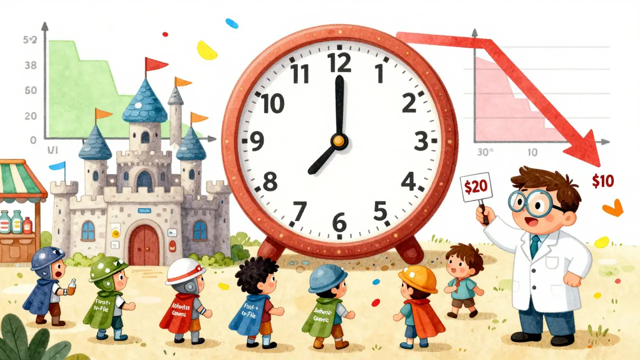 A giant clock counting down as generic soldiers lower drug prices, pharmacist pointing at falling price tags in a playful market.