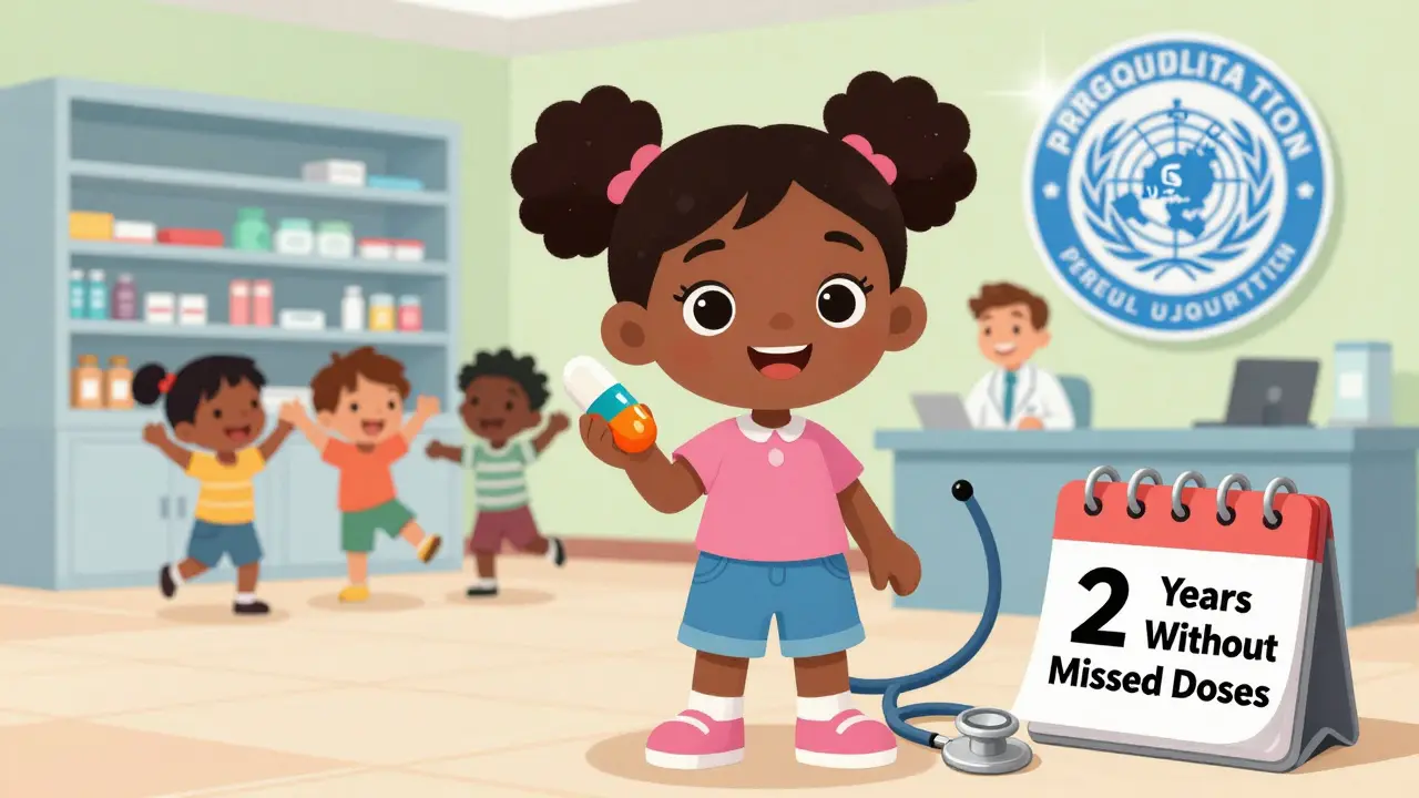 A girl holds an HIV pill proudly as her clinic fills with medicine and happy patients.