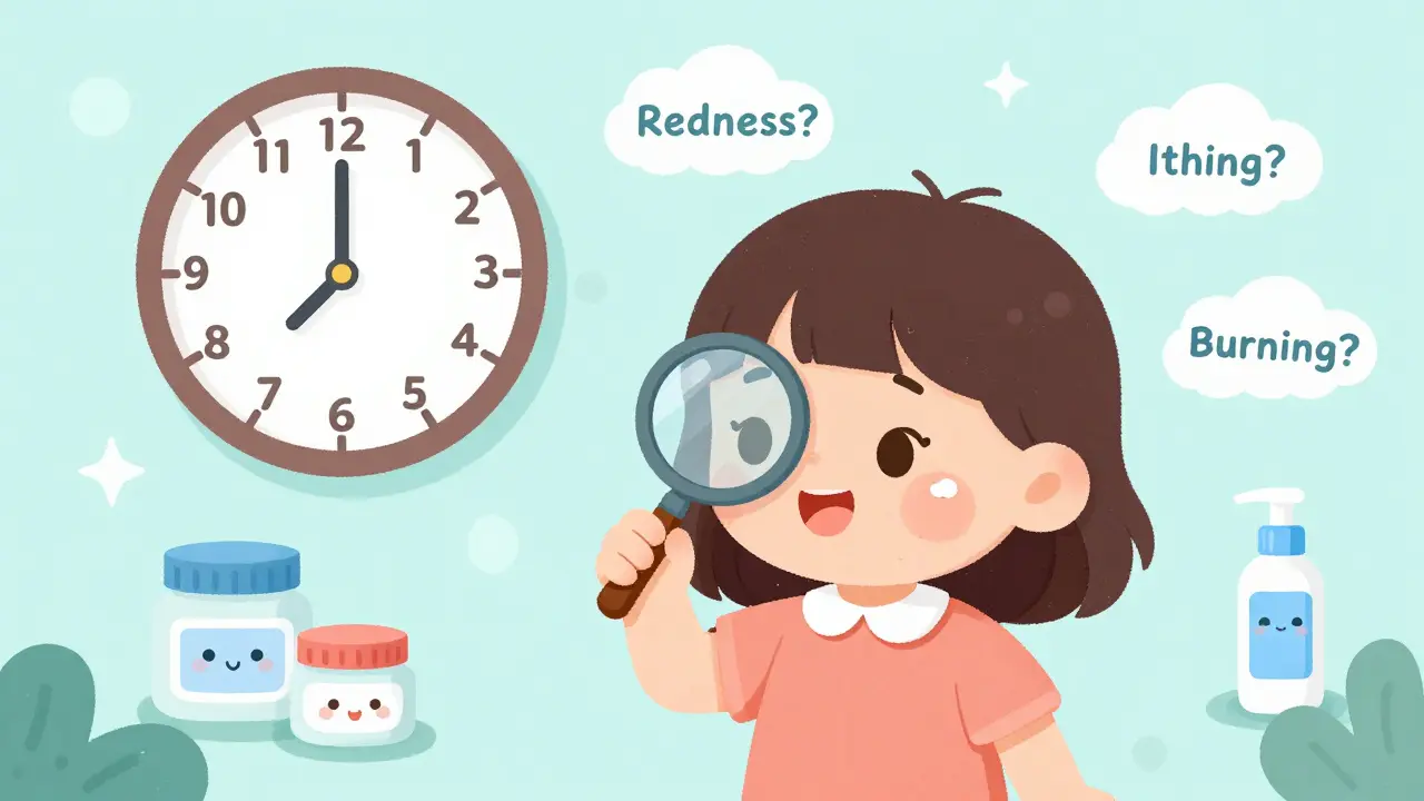 A girl testing a cream behind her ear with a magnifying glass, as time passes and irritation fades gently.