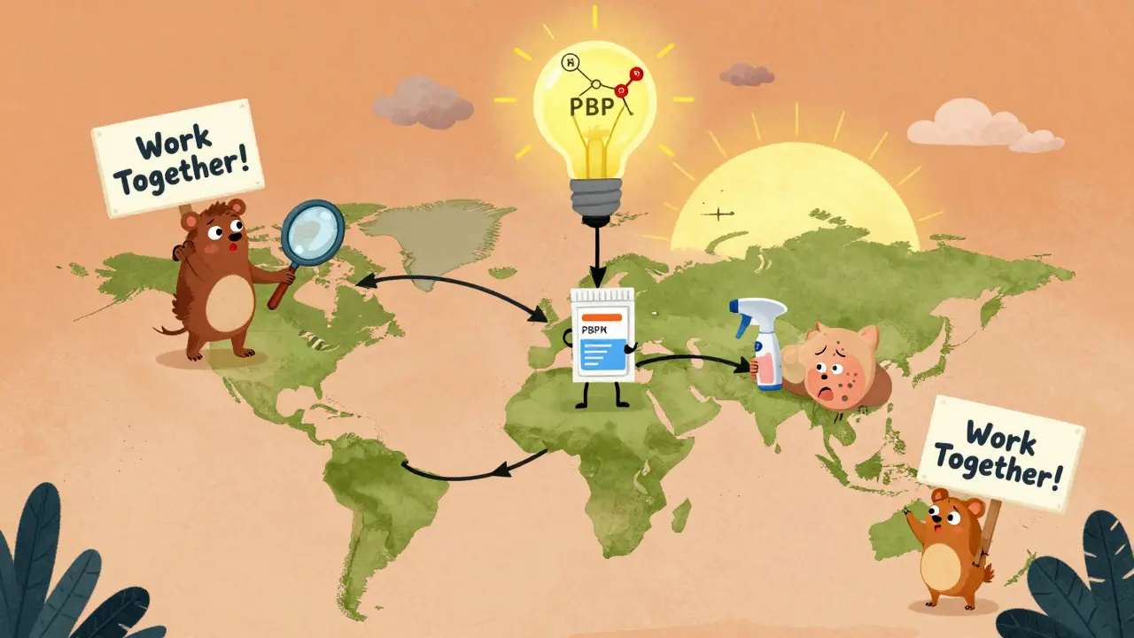 A global map shows different countries using unique tools to test complex drugs, with friendly animals and a glowing lightbulb signaling collaboration.