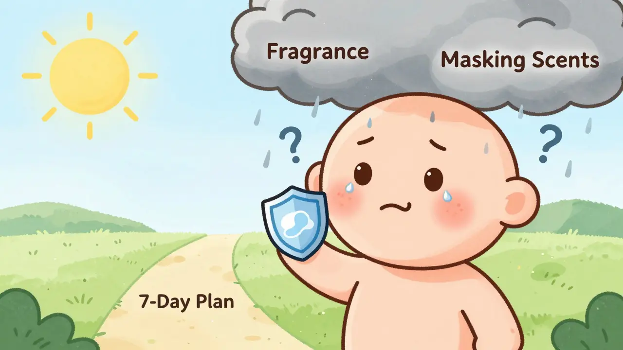 A happy face protected by a shield of safe ingredients, while a storm of fragrance rains down on a troubled skin.