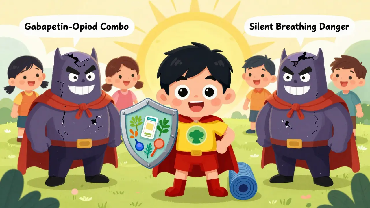 A hero with safe pain tools standing against dangerous drug combo villains.